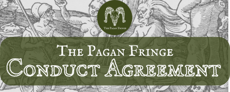banner with woodcut witches. Text says The Pagan Fringe Conduct Agreement